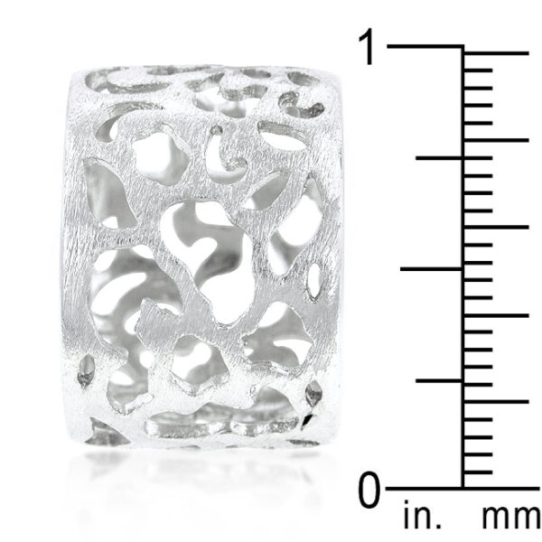 Rhodium plated over lead free alloy (brass) ring with a matte filigree design.