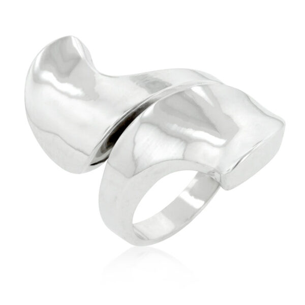 Abstract statement hoop ring, rhodium plated over lead free alloy (brass), with no stones and a 3.8 Mm width.