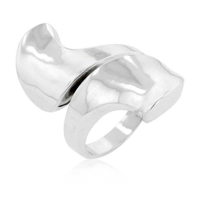 Abstract statement hoop ring, rhodium plated over lead free alloy (brass), with no stones and a 3.8 Mm width.