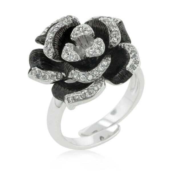 Floral ring with textured pedals, clear round cubic zirconia in prongs, and 18K black plated over lead free alloy (brass).