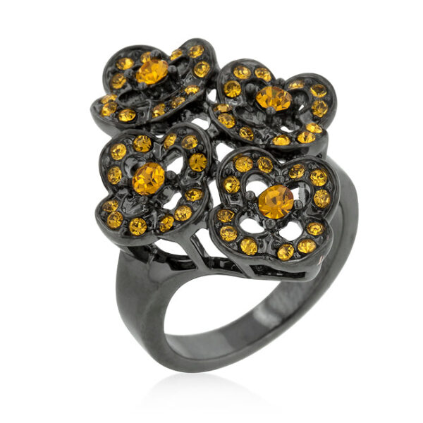 Yellow crystal floral ring in black finish plated over lead free alloy (brass), with round 3 Mm crystals in glued settings.