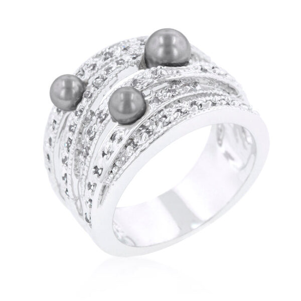 Gray simulated pearl cocktail ring with round 1 Mm accents set in pave.