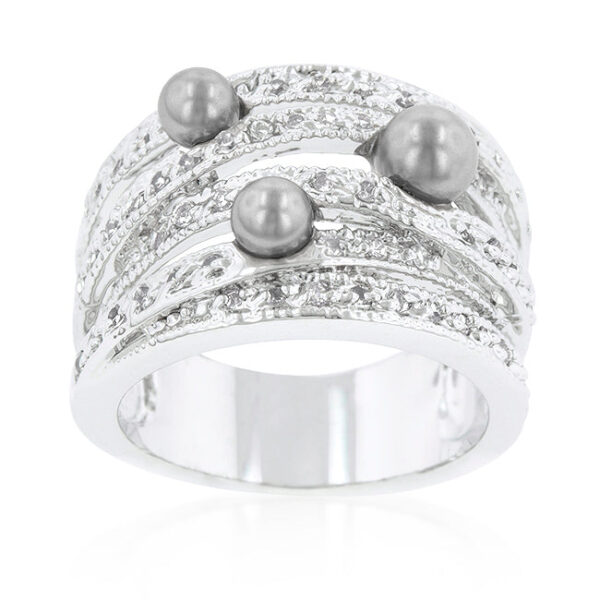 Gray simulated pearl ring with round 1 Mm accents and a pave setting.