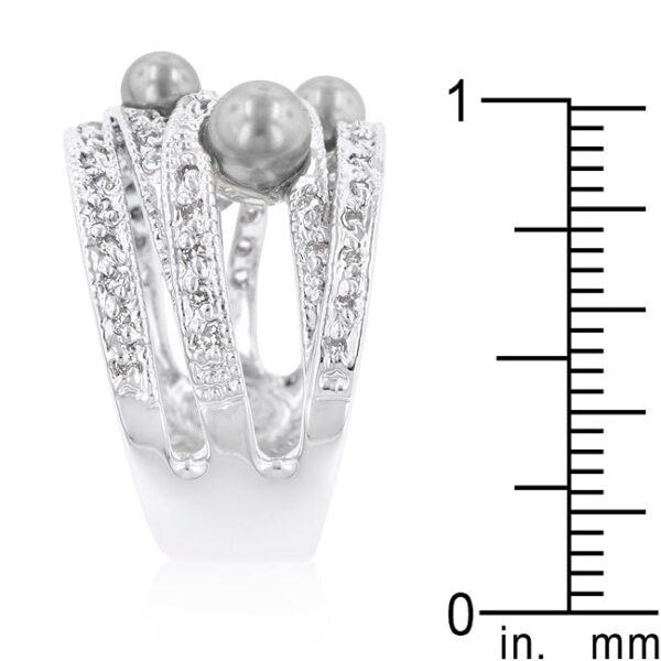 Rhodium plated over lead free alloy (brass) gray simulated pearl cocktail ring in pave.
