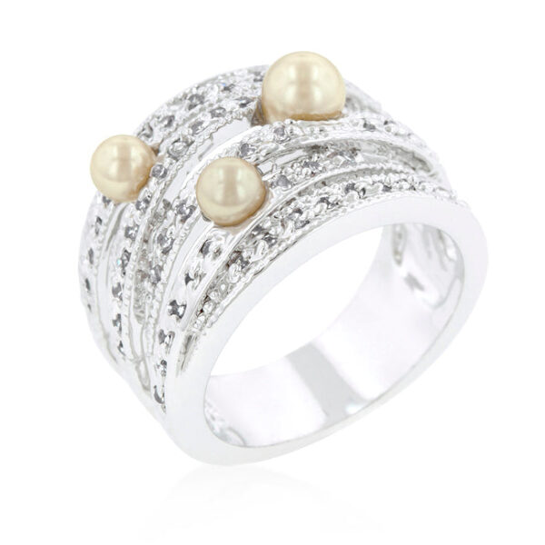 Champagne cocktail ring with round simulated pearls in pave, rhodium plated over lead free alloy (brass).