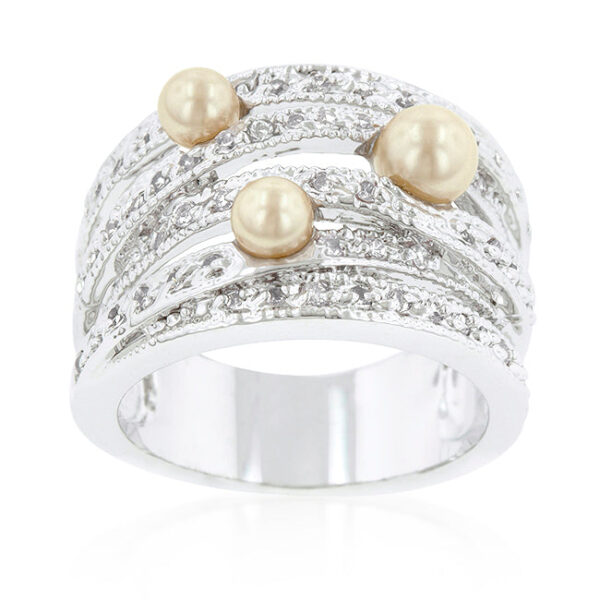 Round champagne simulated pearls in pave on a rhodium plated over lead free alloy (brass) ring.