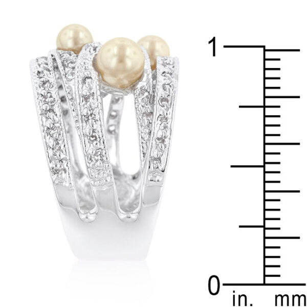 Round simulated pearl pave ring, rhodium plated over lead free alloy (brass), in champagne colour.
