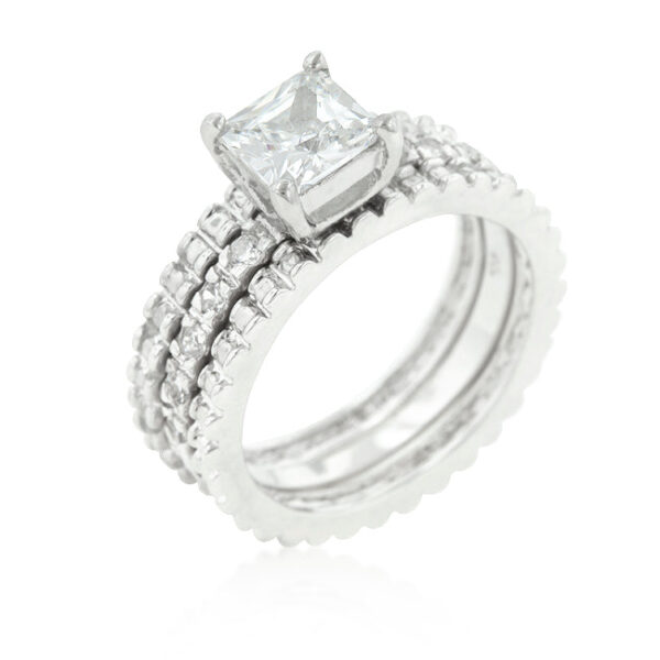 The ring with princess-cut cubic zirconia in prong settings and 2 ct total stone weight.