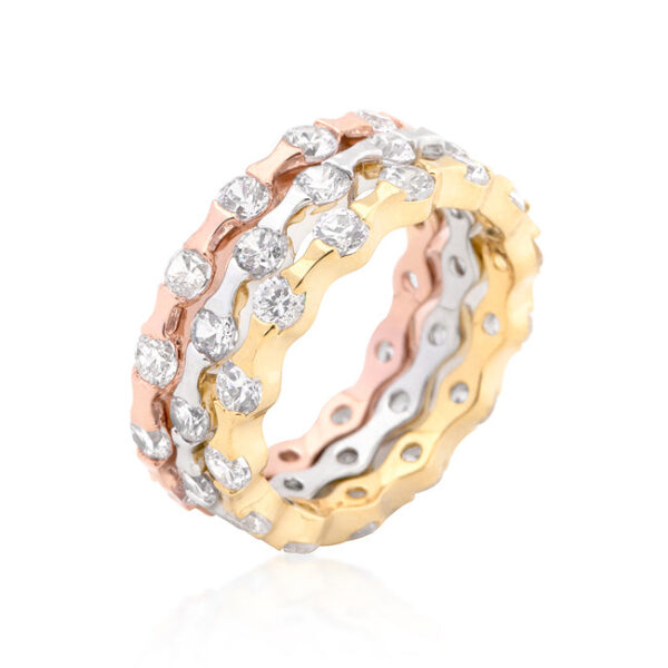 The ring with round cubic zirconia in invisible settings, rose gold, and gold tone over lead free alloy (brass).