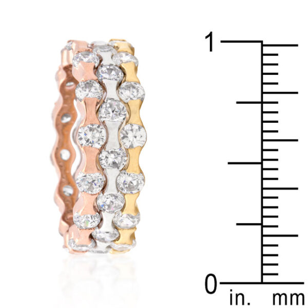 Round cubic zirconia stackable rings in invisible settings with rose gold and gold tone over lead free alloy (brass).