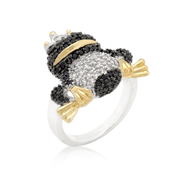 Frog prince ring with genuine round cubic zirconia in pave, 4.4 ct total stone weight, and silver tone finish over Lead Free Alloy (brass).
