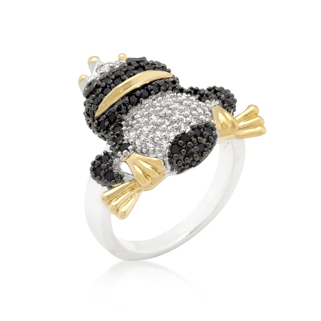 Frog prince ring with genuine round cubic zirconia in pave, 4.4 ct total stone weight, and silver tone finish over Lead Free Alloy (brass).