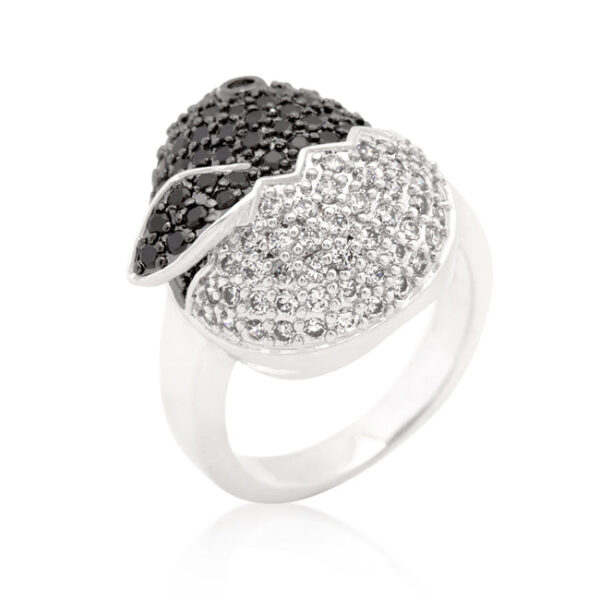 The ring with round cubic zirconia in pave and silver tone finish over Lead Free Alloy (brass).