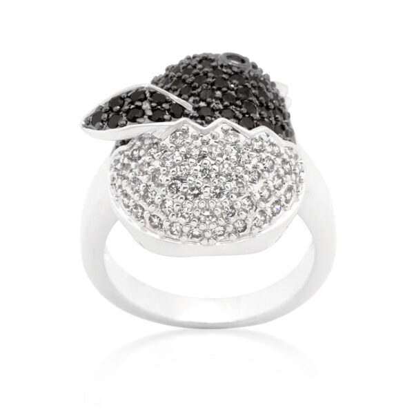 Silver tone baby chick ring with black and white round cubic zirconia in pave.