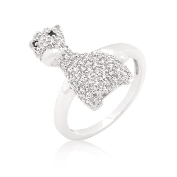 Giraffe ring with round genuine cubic zirconia in pave, 2.8 ct total stone weight, rhodium plated over lead free alloy (brass).