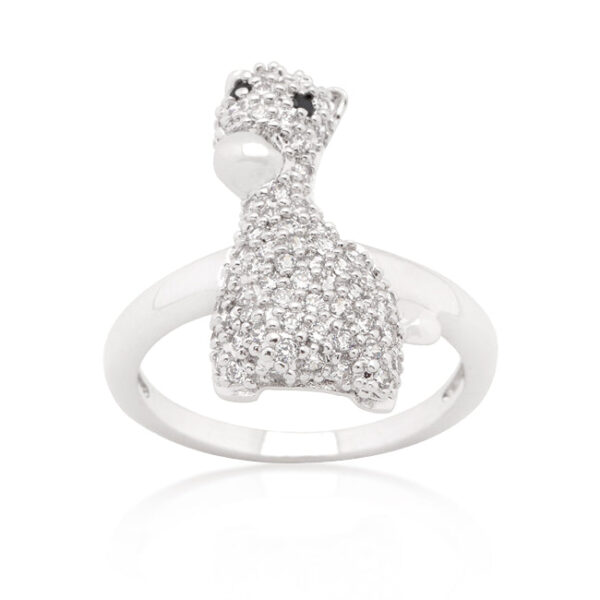 Giraffe cocktail ring with round cubic zirconia in pave and rhodium plated over lead free alloy (brass).