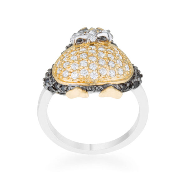 Jet black penguin ring with 5 ct total stone weight of round cubic zirconia in pave.