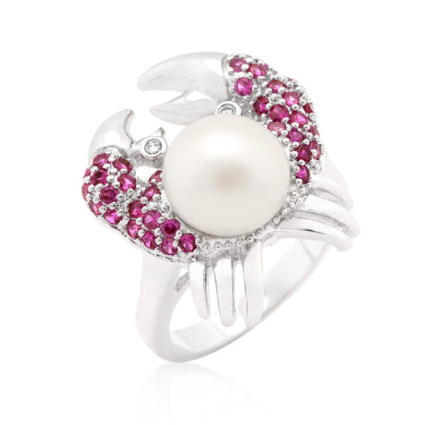 Crab ring with round white cubic zirconia in pave, genuine ruby, and rhodium plated over lead free alloy (brass).