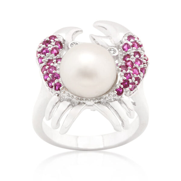 Crab ring in rhodium plated over lead free alloy (brass) with round white cubic zirconia in pave and genuine ruby.