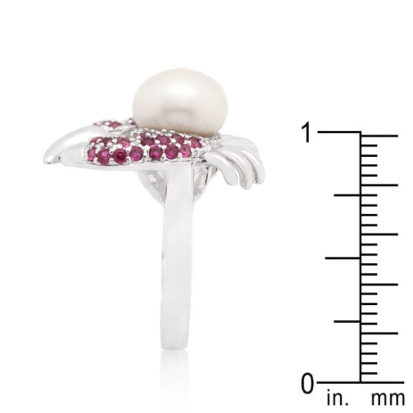 Crab motif ring, rhodium plated over lead free alloy (brass), with white cubic zirconia in pave and genuine ruby.
