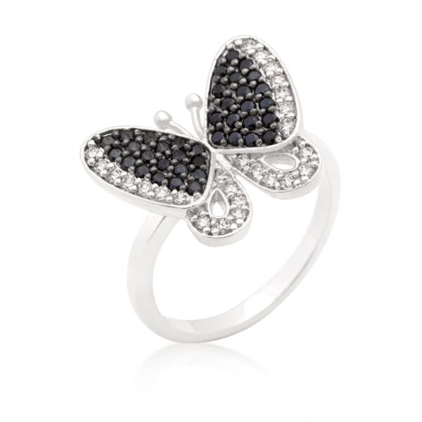 Black and white cubic zirconia butterfly ring in pave with a Silver tone finish over Lead Free Alloy (brass).