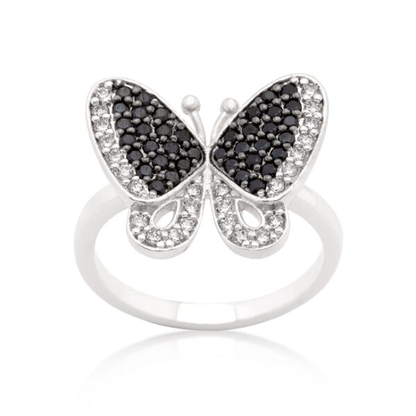 Butterfly ring with black and white round cubic zirconia in pave.