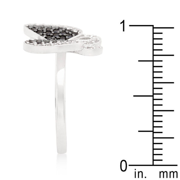 Silver tone finish over Lead Free Alloy (brass) ring with black and white cubic zirconia.