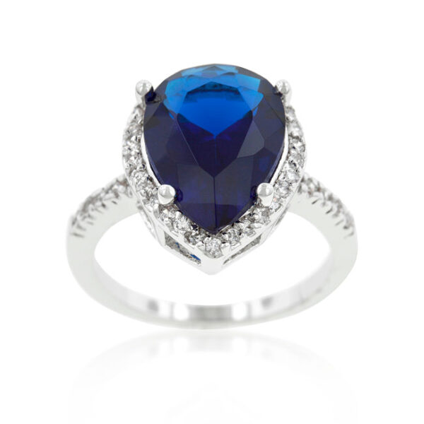 Round sapphire-colored cubic zirconia drop ring in prong settings, rhodium plated over lead free alloy (brass).