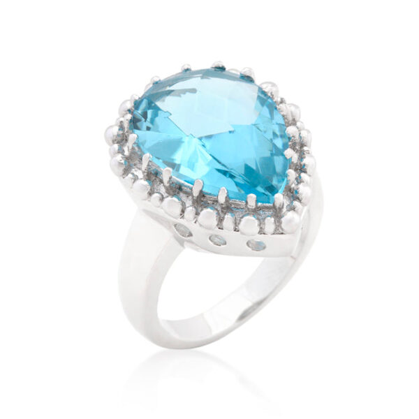 Pear-cut topaz-colored cubic zirconia ring in rhodium plated over lead free alloy (brass).
