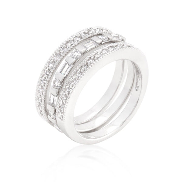 Clear round cubic zirconia eternity ring set in rhodium plated over lead free alloy (brass).