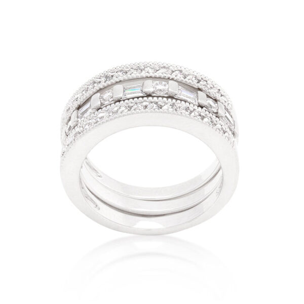 Eternity ring set with clear round cubic zirconia in bar settings and rhodium plated over lead free alloy (brass).