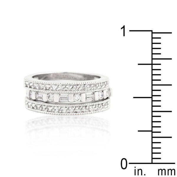 Clear round cubic zirconia ring set with 3.1 ct total stone weight in rhodium plated over lead free alloy (brass).