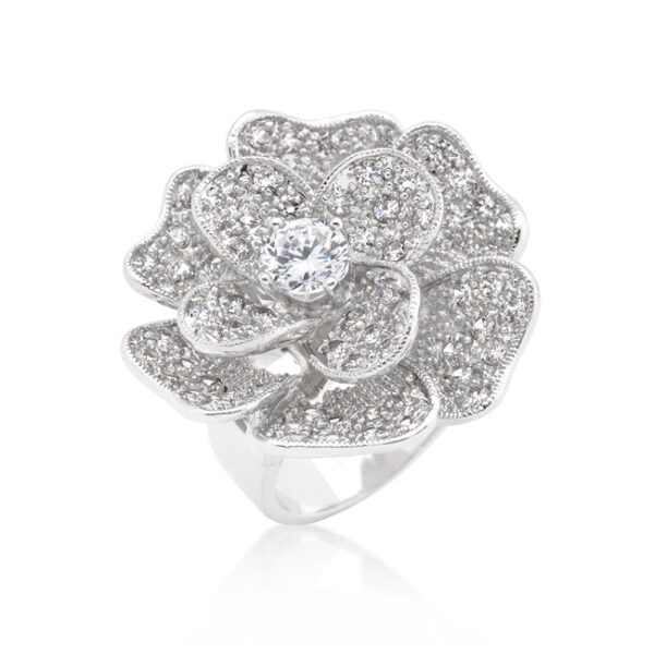 Large flower cocktail ring with round cubic zirconia in pave, rhodium plated over lead free alloy (brass).