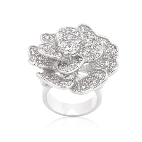 Flower cubic zirconia cocktail ring in pave, rhodium plated over lead free alloy (brass).
