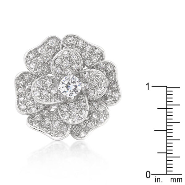 Round cubic zirconia flower ring with a pave setting, rhodium plated over lead free alloy (brass).