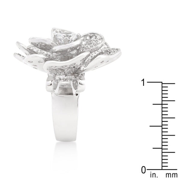 Large flower design cocktail ring with cubic zirconia, rhodium plated over lead free alloy (brass).