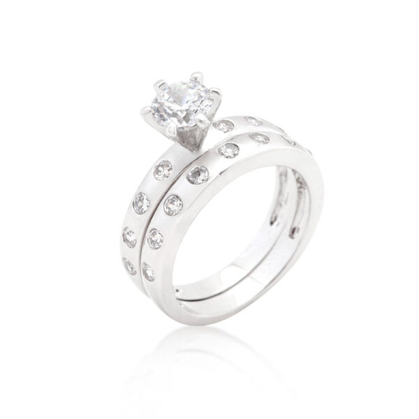 Round cubic zirconia bridal ring set in bezel settings, rhodium plated over lead free alloy (brass), with 3.3 ct total stone weight.