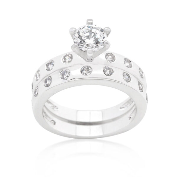 Round cubic zirconia bridal ring set in bezel settings with 6 (mm) X 6 (mm) and 2 (mm) X 2 (mm) stone measurements.