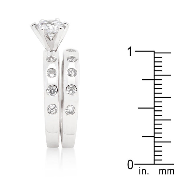 Rhodium plated over lead free alloy (brass) round cubic zirconia bridal ring set.