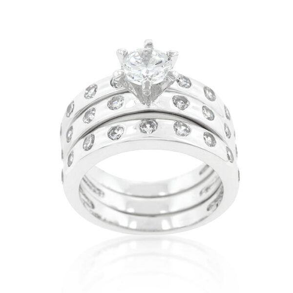 Bridal ring set with round cubic zirconia in bezel settings, rhodium plated over lead free alloy (brass).