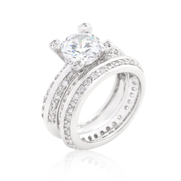 Round ring, rhodium plated over lead free alloy (brass), with 7.5 ct total stone weight.