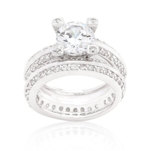 Bridal ring set with round cubic zirconia in pave, rhodium plated over lead free alloy (brass).