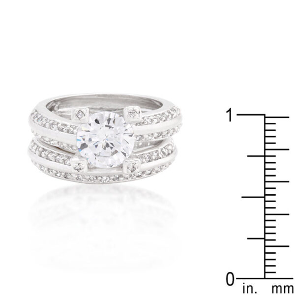 Round cubic zirconia ring set with 7.5 ct total stone weight and rhodium plated over lead free alloy (brass).