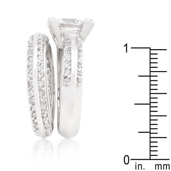 Pave-set round cubic zirconia bridal ring set, rhodium plated over lead free alloy (brass).