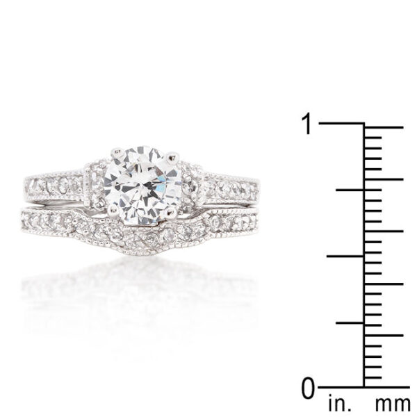 Art Deco bridal set with round cubic zirconia in pave and rhodium plated over lead free alloy (brass).