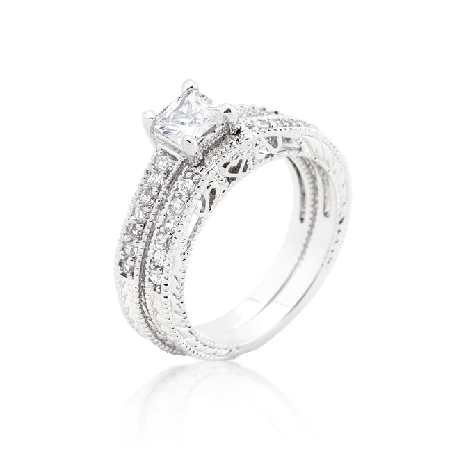 The ring with orange cubic zirconia, prong settings, and rhodium plated over lead free alloy (brass).