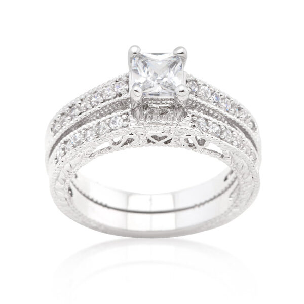 Orange princess-cut cubic zirconia bridal ring set in prong settings, rhodium plated over lead free alloy (brass).