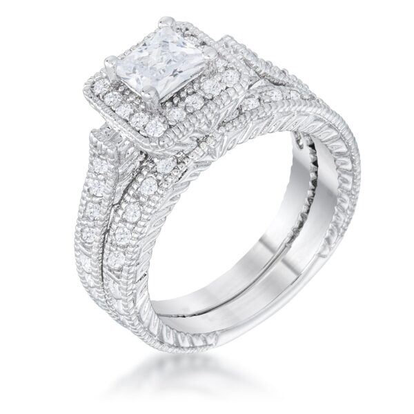 Art Deco princess-cut cubic zirconia bridal set in rhodium plated over lead free alloy (brass).