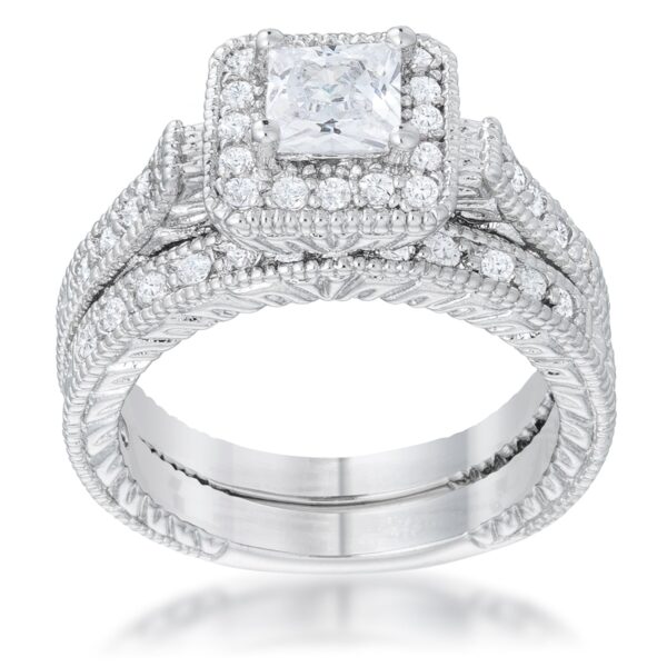 Bridal ring set with princess-cut cubic zirconia in prong settings and rhodium plated over lead free alloy (brass).