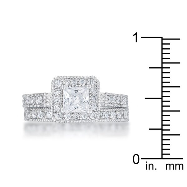 Classic wedding set with cubic zirconia, 3.9 ct total stone weight, and rhodium plated over lead free alloy (brass).